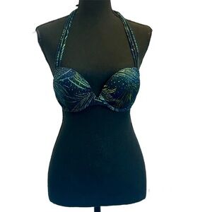 Victoria’s Secret navy blue green tropical leaf print rhinestone bikini top